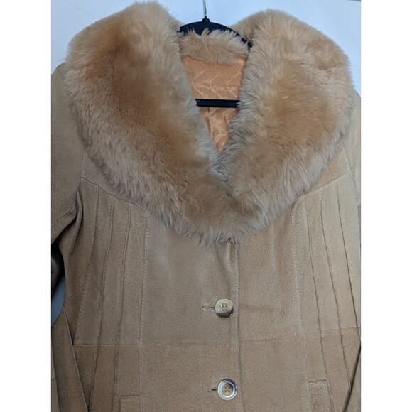 VINTAGE Sears PennyLane Tan Suede Leather LambswoolSherpa TieWaist Coat Jacket - Picture 13 of 16